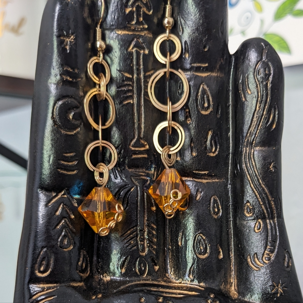 Gold & Czech Glass Earrings Mini Hoops Spiral Amber Artisan Wrapped Cute Unique - Picture 5 of 7